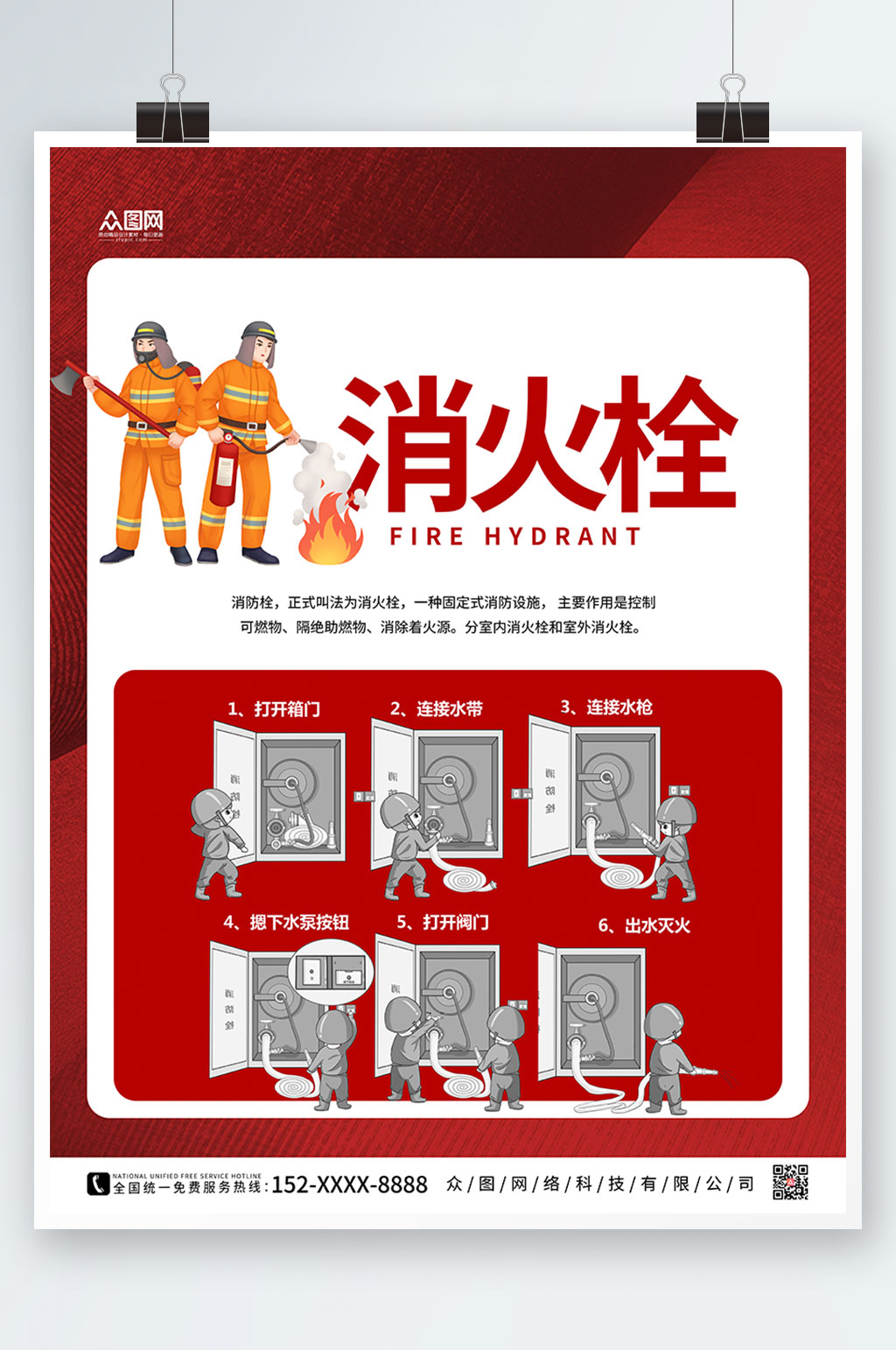 红色大气消火栓消防栓科普知识海报素材
