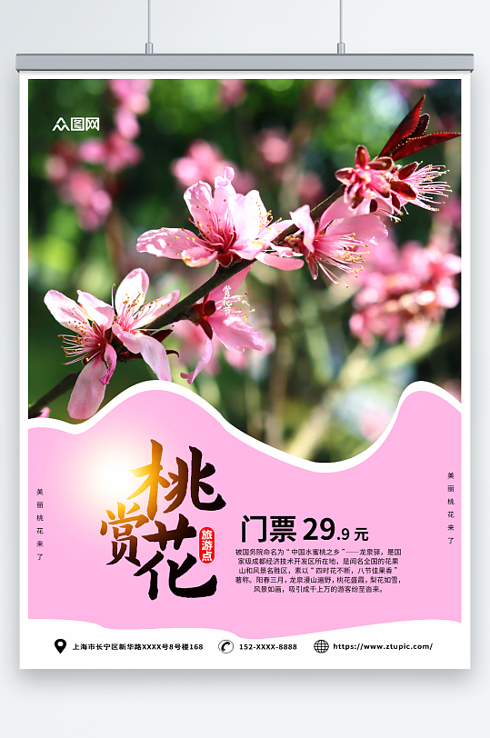 粉色简约春季赏花桃花节海报