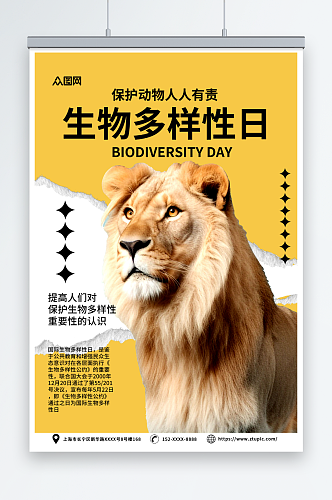 黄色生物多样性日保护野生动物海报