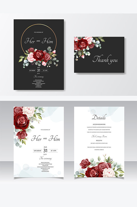 手绘矢量水彩花卉邀请卡片