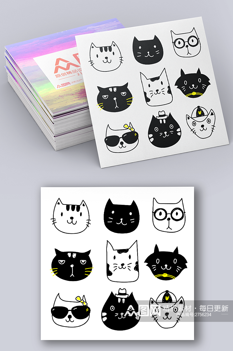 黑白卡通小猫猫咪矢量卡片素材素材