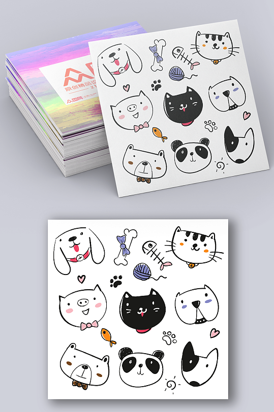 黑白卡通小猫猫咪矢量卡片素材