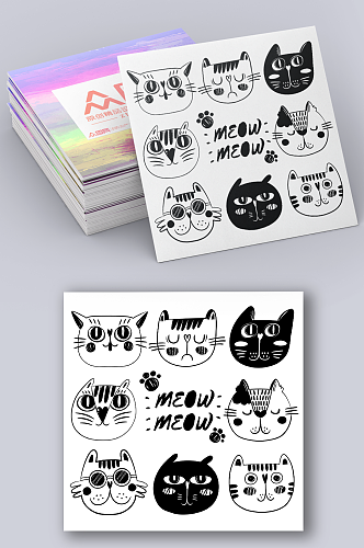 黑白卡通小猫猫咪矢量卡片素材