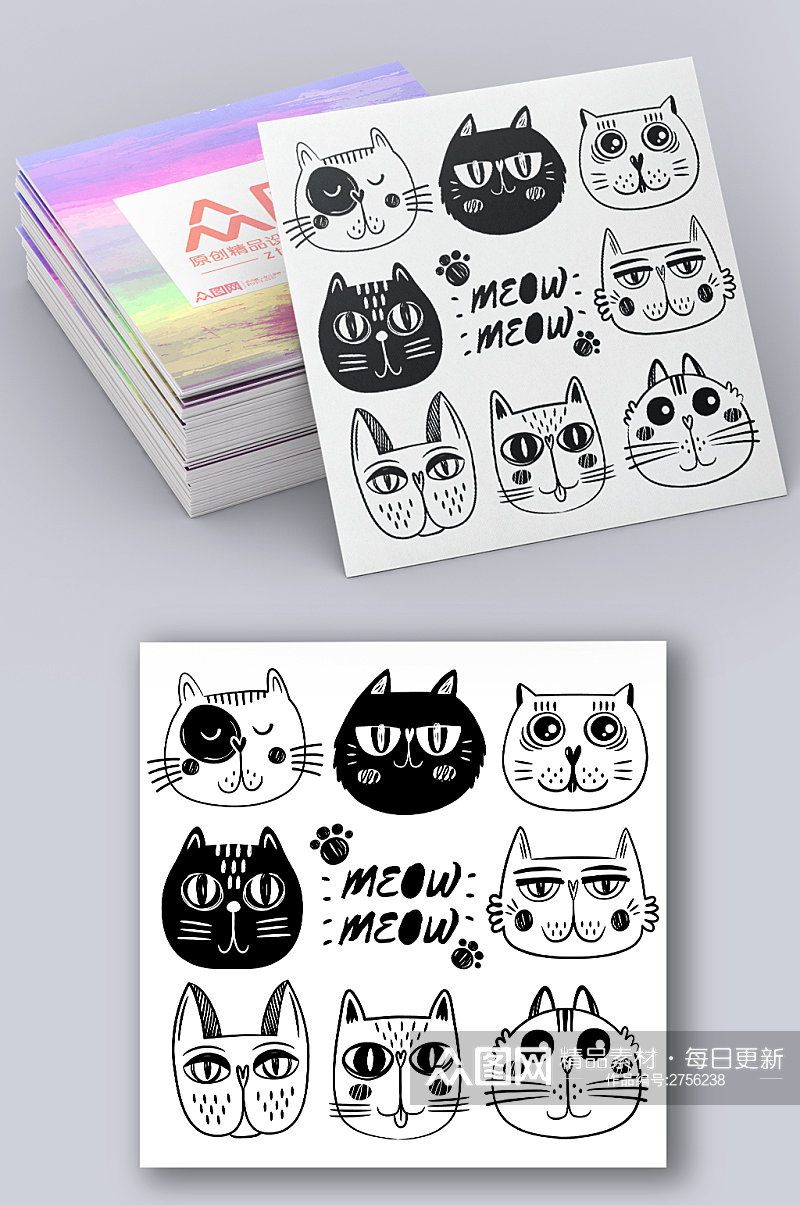 黑白卡通小猫猫咪矢量卡片素材素材