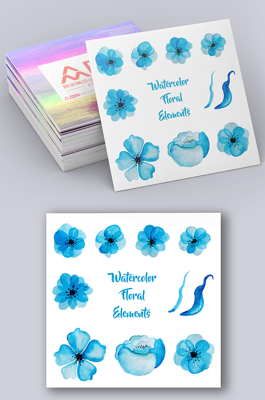 蓝色水彩花纹卡片