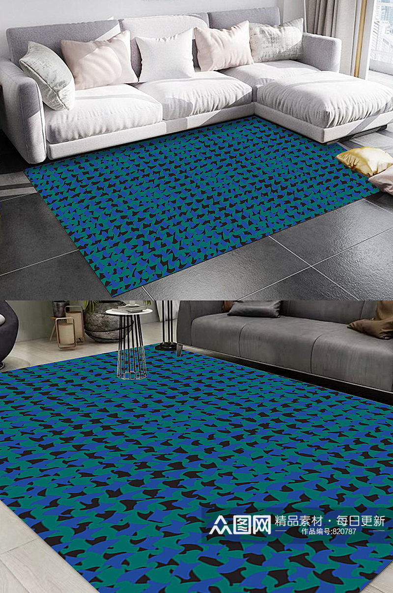 蓝色涂鸦纹理图案地毯素材