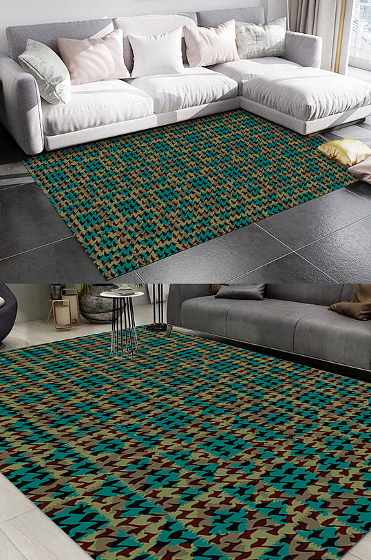 北欧墨绿色几何图案地毯