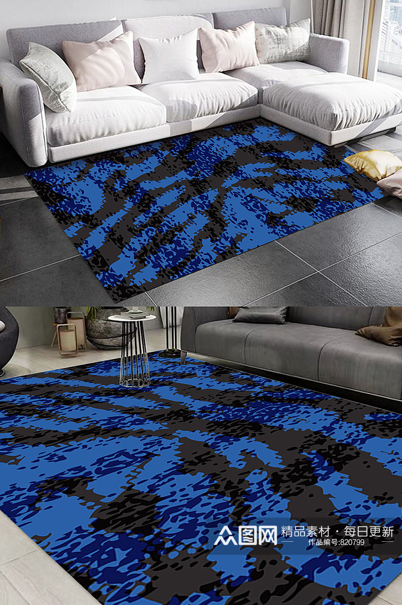 蓝色北欧抽象动物纹理图案地毯素材