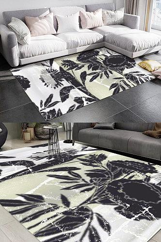 黑白涂鸦植物树叶图案地毯