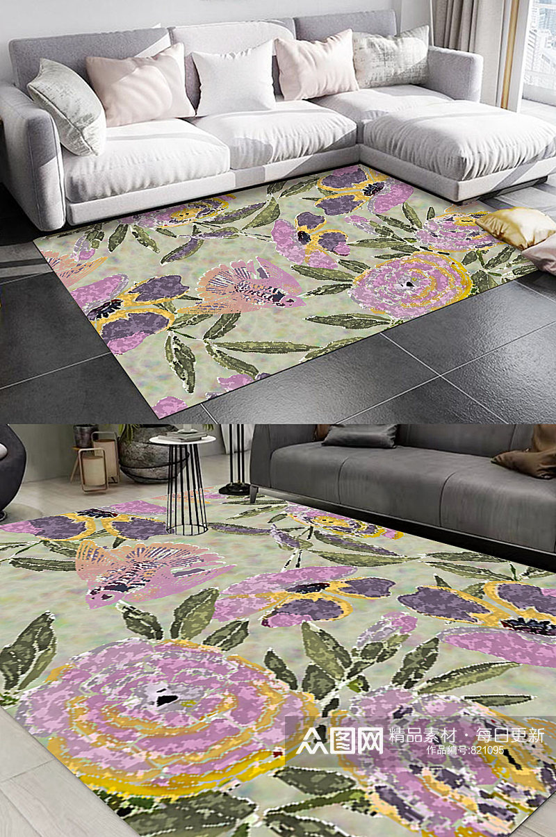 浪漫田园复古花卉图案地毯素材