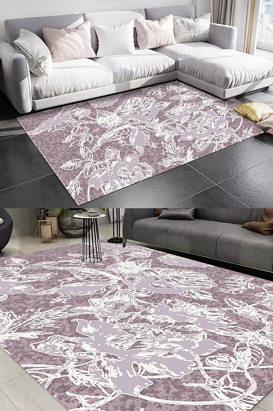 紫色复古植物花卉图案地毯