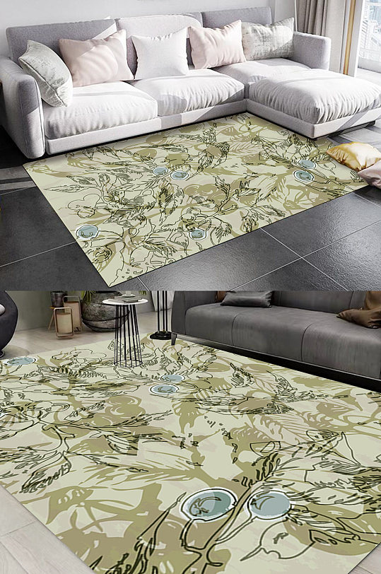 抽象植物墨绿北欧图案地毯