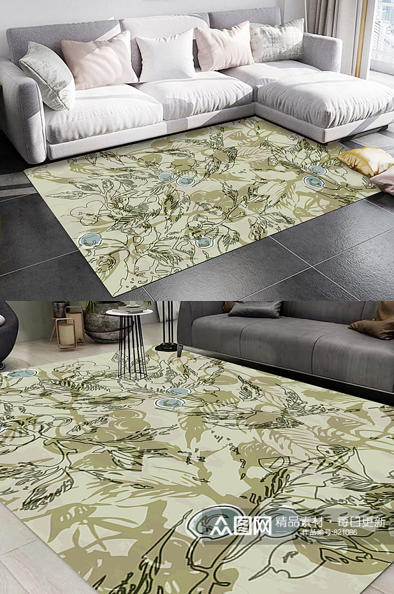 抽象植物墨绿北欧图案地毯素材