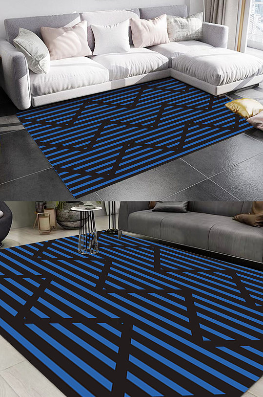 北欧蓝色线条图案地毯