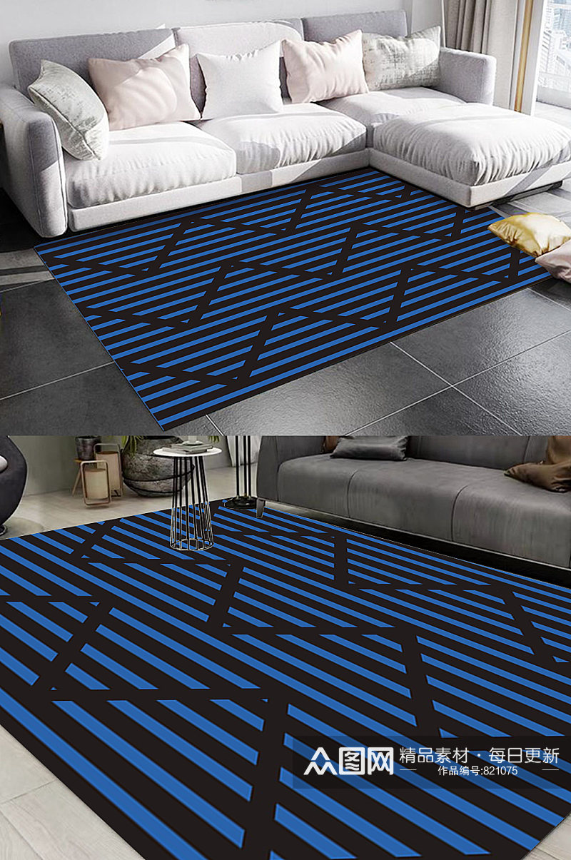 北欧蓝色线条图案地毯素材