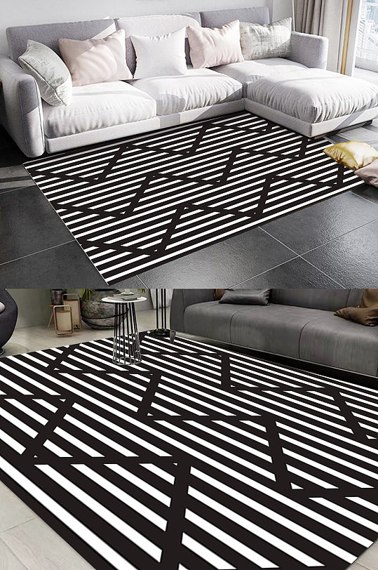 北欧黑色线条图案地毯-众图网