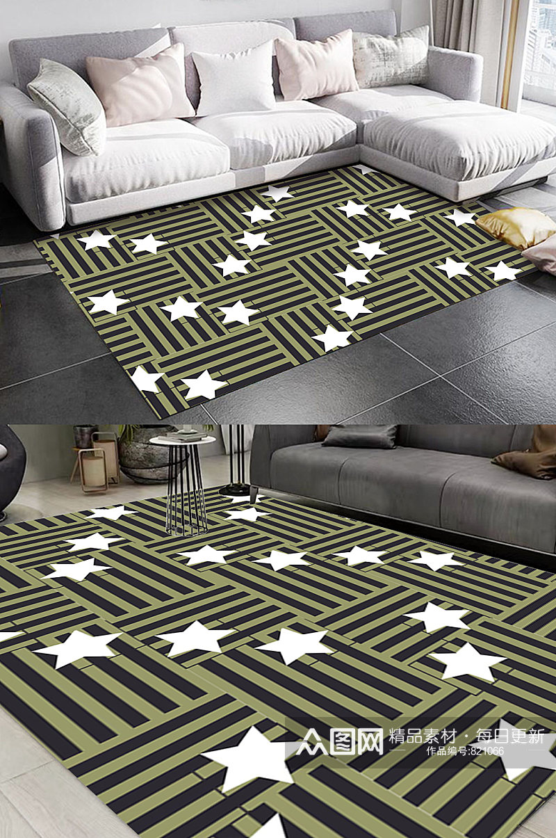 墨绿色条纹五角星图案地毯素材