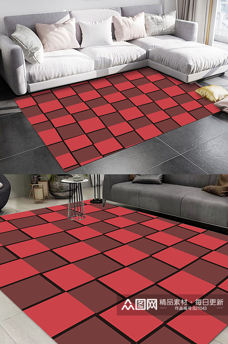 红色几何地砖图案地毯素材