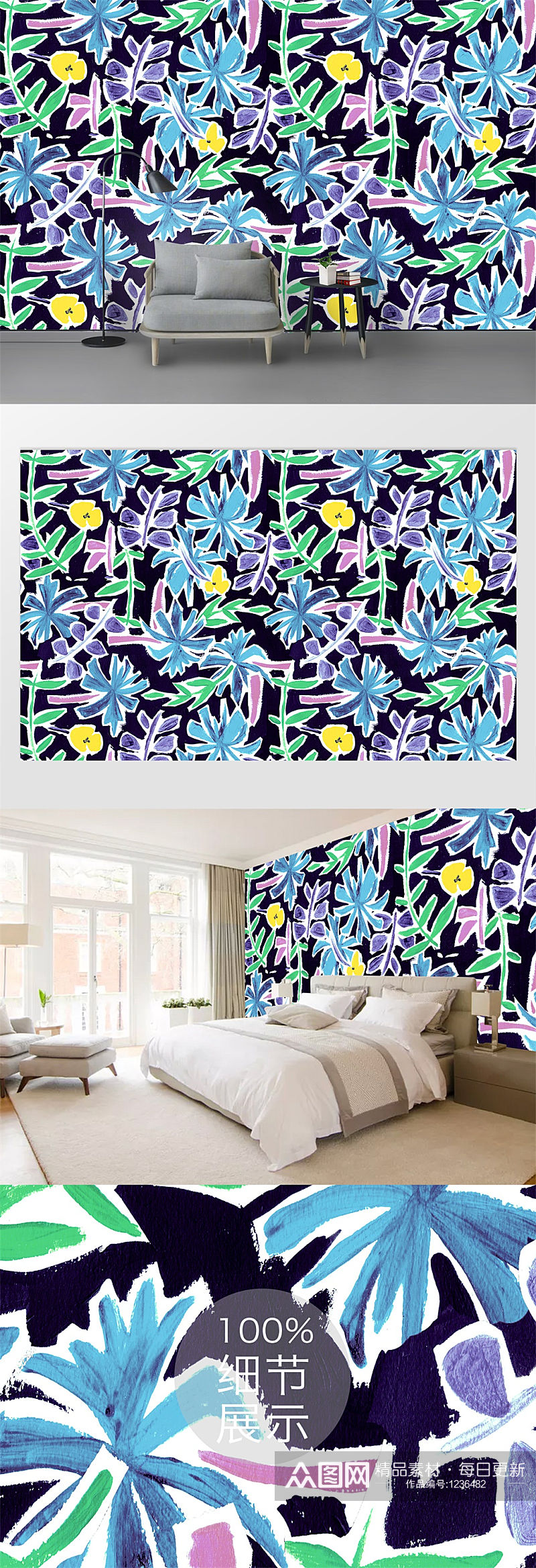时尚花卉抽象涂鸦图案背景墙素材