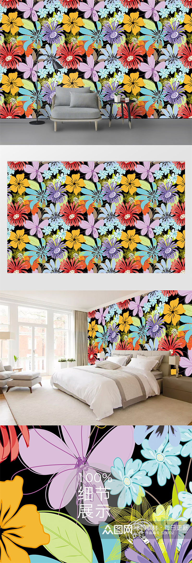 现代时尚浪漫植物花卉图案背景墙素材