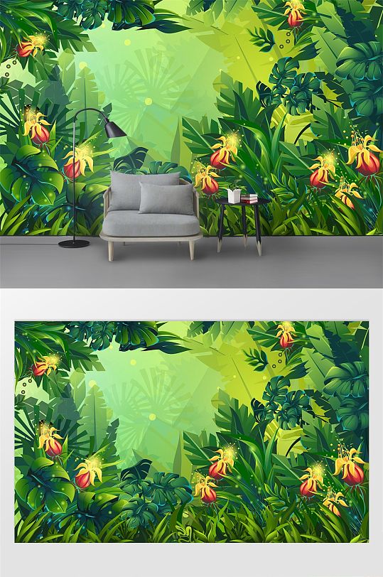 时尚热带植物图案背景墙