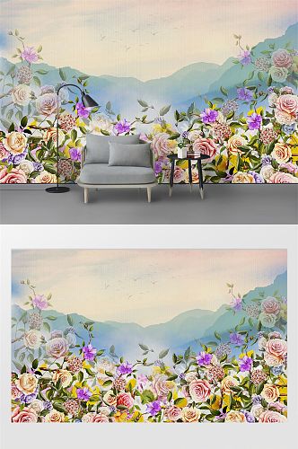 浪漫山水花卉图案背景墙