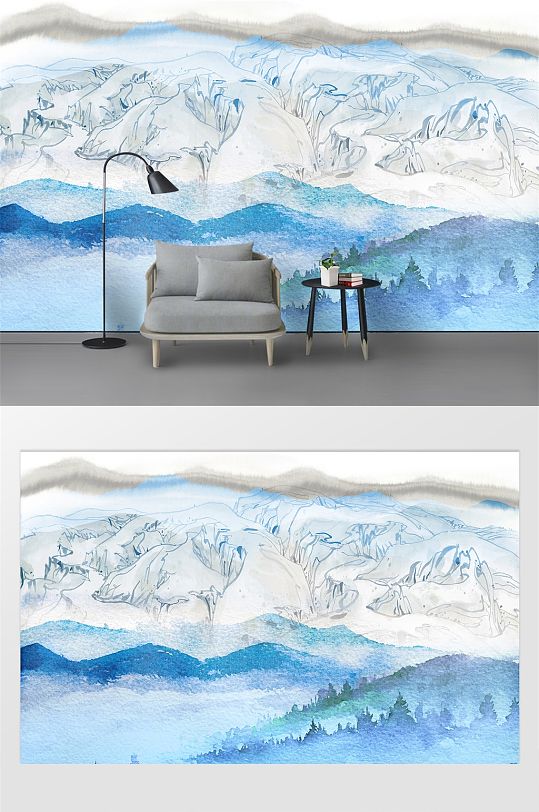 写意中式山水图案背景墙-众图网