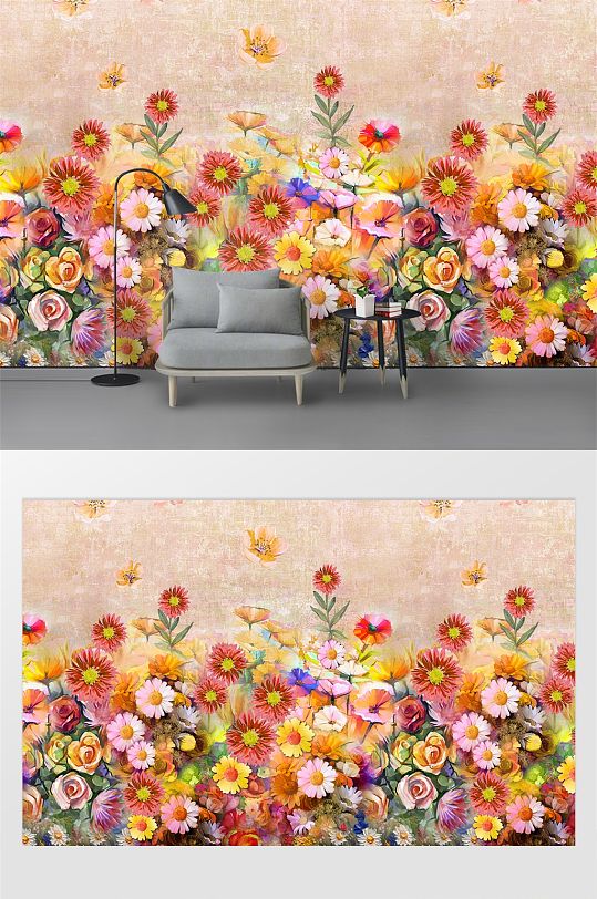 浪漫油画植物花卉图案背景墙