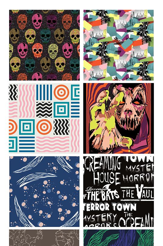 矢量潮流几何骷髅印花图案背景