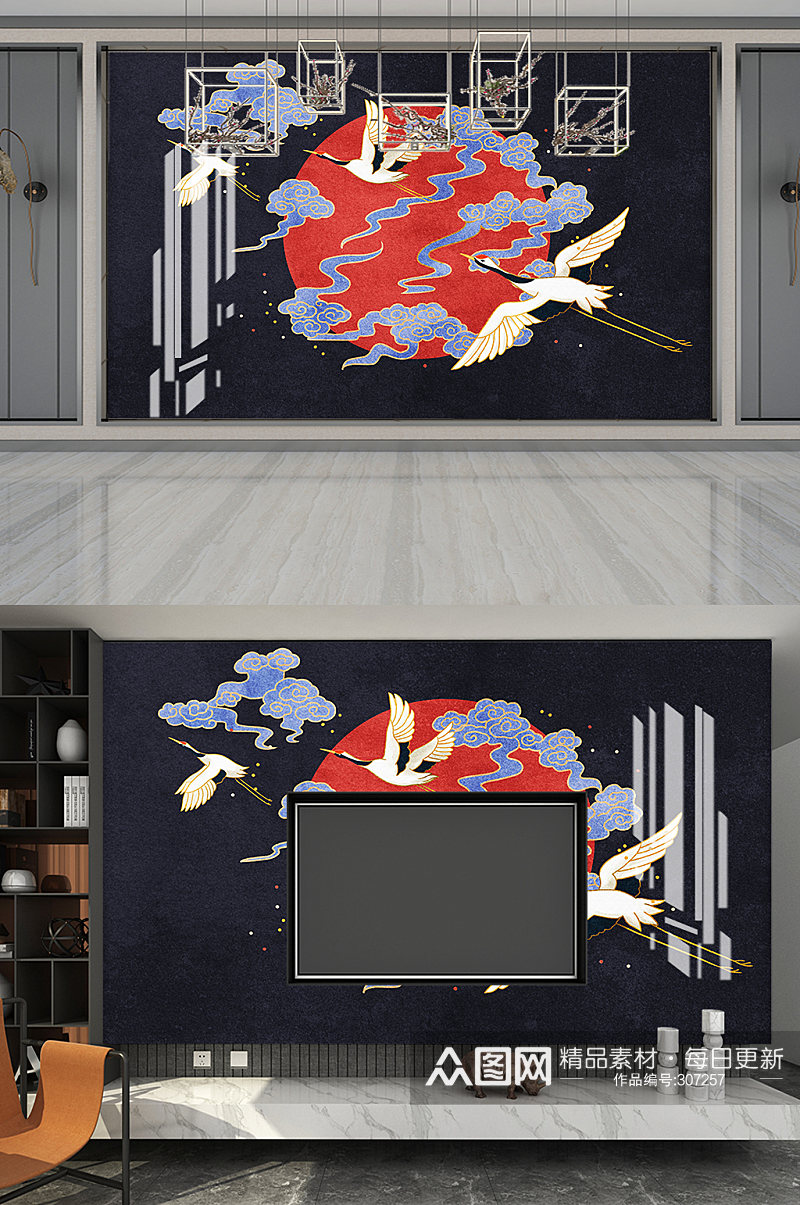 仙鹤云纹中式背景墙素材