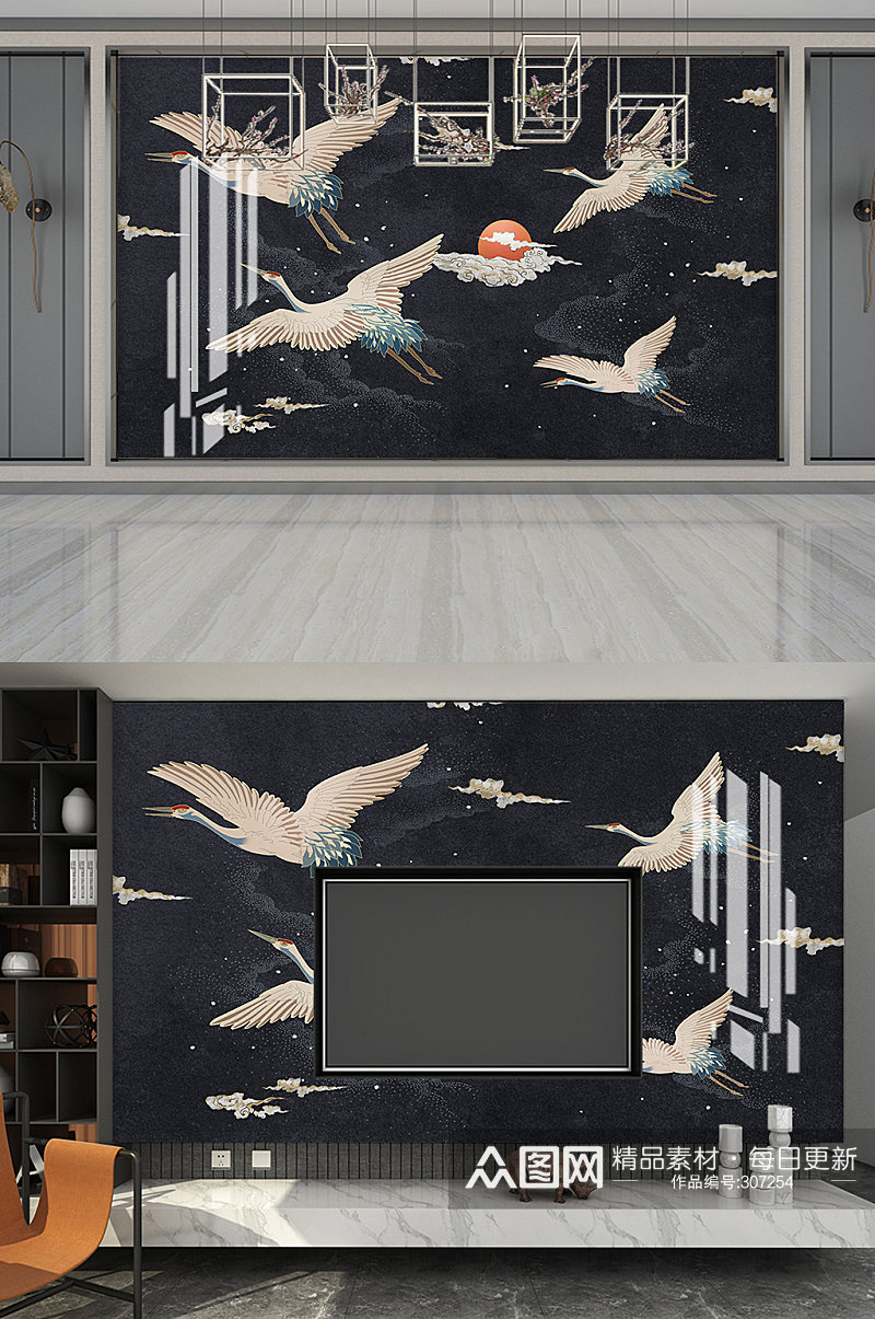 仙鹤飞翔中式背景墙素材
