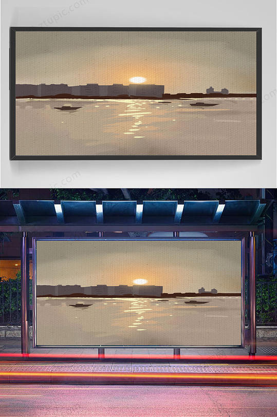 大气日出海景插画