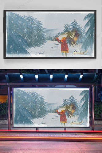 冬季树林雪景插画图案