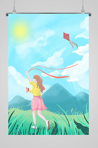 草地放风筝的女孩