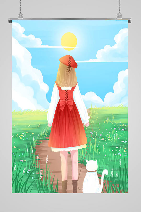 户外田园小女孩背影