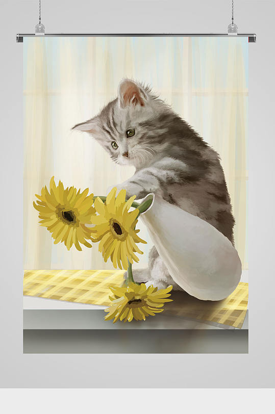 动物猫咪与花瓶插画