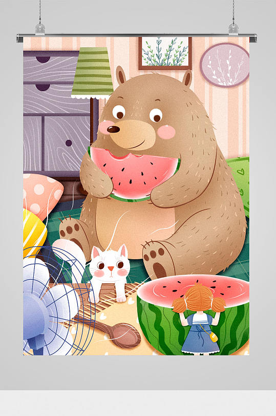 可爱动物熊吃西瓜插画