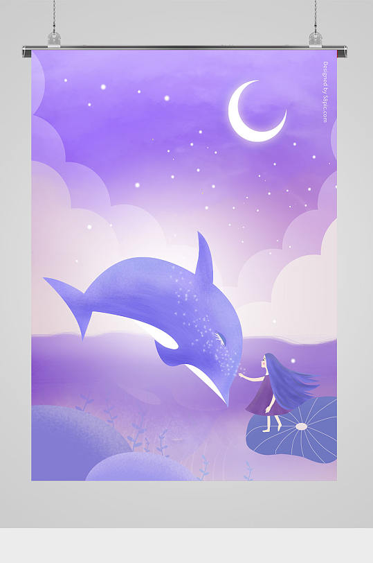 梦幻女孩与海豚插画