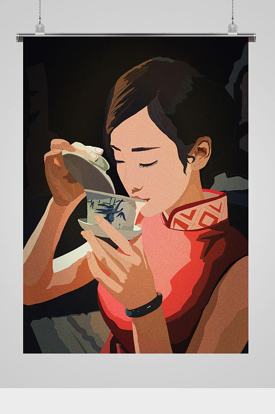 古典美女喝茶插画-众图网