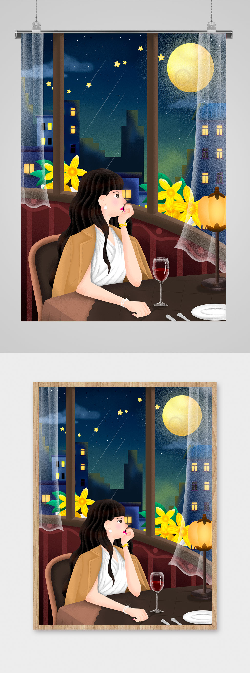 孤独女孩思考插画素材