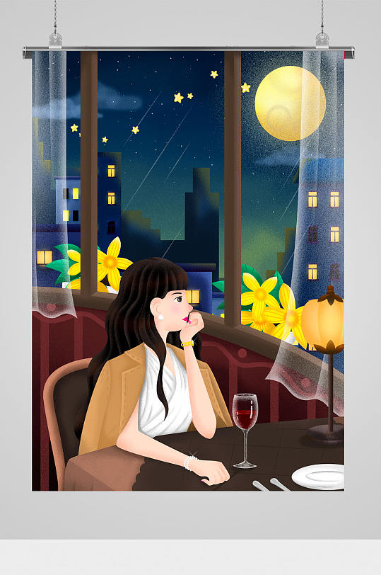 孤独女孩思考插画