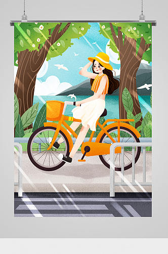 户外女孩骑单车插画