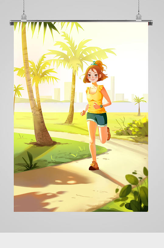清新女孩户外跑步插画