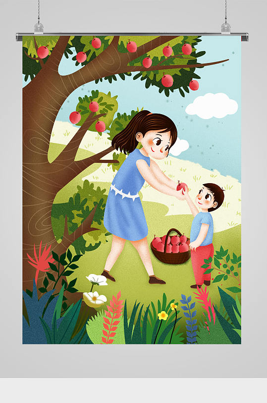 母亲与孩子摘苹果插画