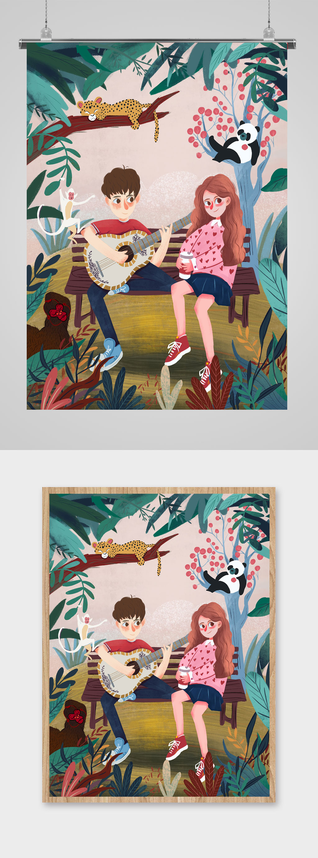 树林里的情侣插画素材