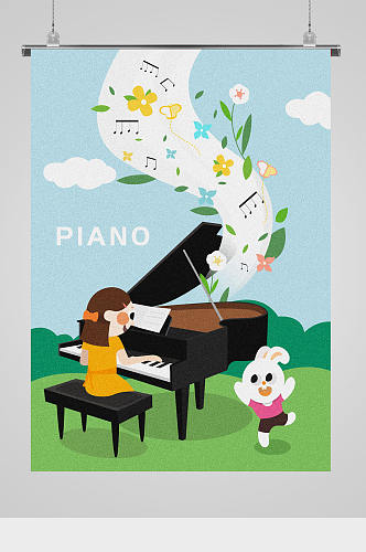 儿童弹钢琴卡通插画