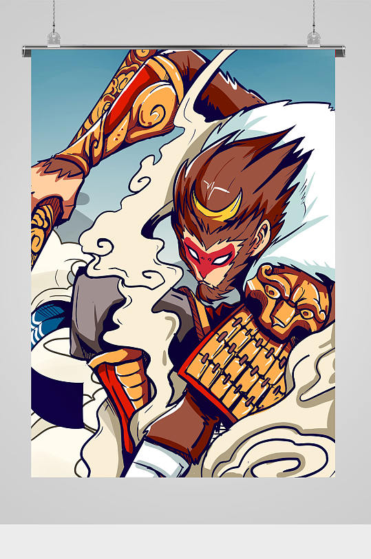 海报齐天大圣墨镜金箍棒手绘国潮风插画新式红白齐天大圣剪纸国潮风