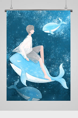 梦幻蓝色海洋鲸鱼插画