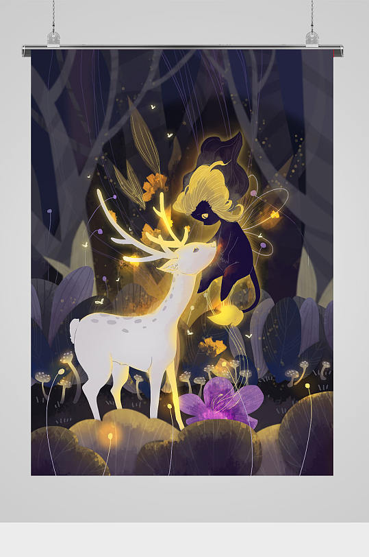 绚丽梦幻麋鹿插画立即下载梦幻森系麋鹿插画森林麋鹿梦幻插画麋鹿树木
