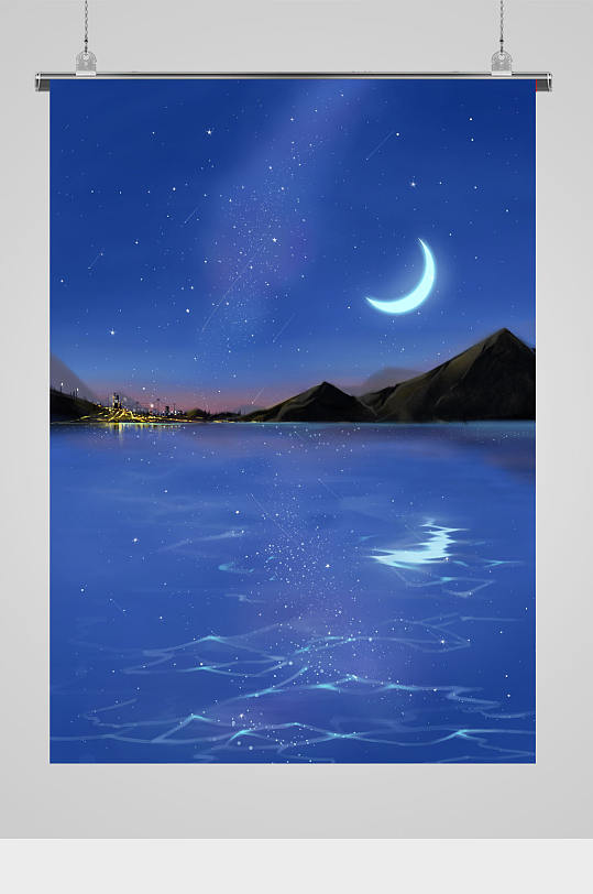 夜晚湖泊风景插画-众图网